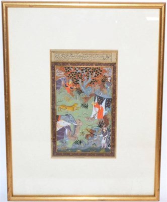 Lot 98 - Persian School (19th century) Landscape with a tiger hunt and various other animals below a...