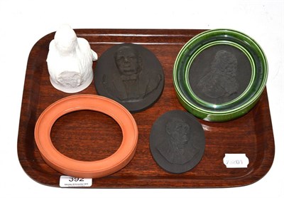 Lot 392 - Three Jasperware plaques, one depicting Churchill, together with a stirrup cup in the form of a...