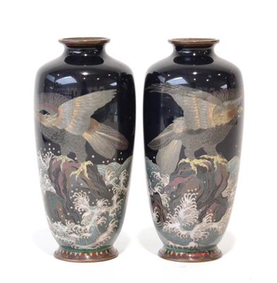Lot 99 - A Pair of Japanese Cloisonné Enamel Baluster Vases, Meiji period, decorated with eagles...
