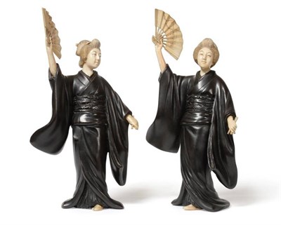 Lot 101 - A Pair of Japanese Bronze and Ivory Figures of Girls, Meiji period, each standing wearing...