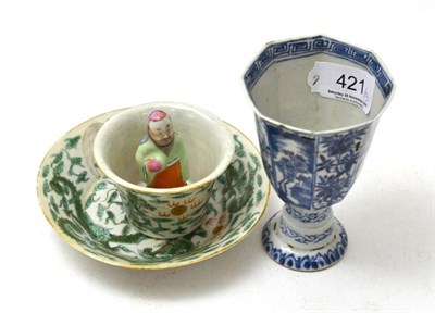 Lot 421 - A Kangxi blue and white stem cup together with a Chinese tea bowl and saucer, the interior of...