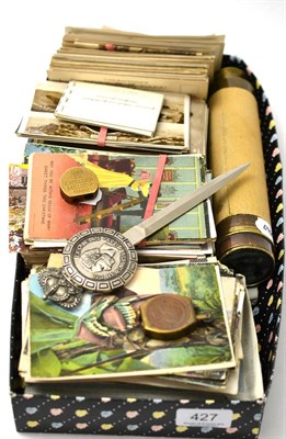 Lot 427 - Quantity of assorted postcards, cigarette cards, lighter, brass sharpener, brass three draw...