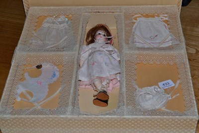 Lot 433 - Bisque socket head Belton type doll in presentation box, with brown wig, fixed brown eyes,...