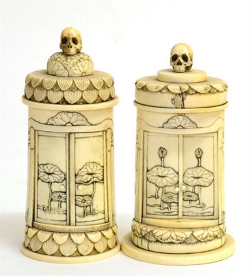 Lot 103 - A Near Pair of Japanese Ivory Travelling Shrines, Meiji period, of oval section surmounted by...