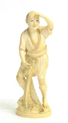 Lot 104 - A Japanese Ivory Okimono of a Fisherman, Meiji period, in traditional dress holding a net, on a...
