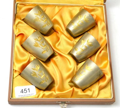 Lot 451 - A set of six Soviet Russian .875 silver tot glasses with frosted exteriors and gilt interiors