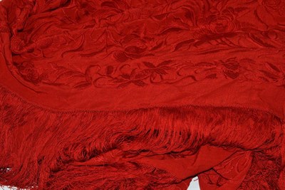 Lot 466 - Large Chinese floral embroidered red silk shawl with tassel trim, 160cm square