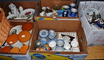 Lot 1001 - Five boxes of decorative ceramics including Portmeirion kitchen wares, Wedgwood blue jasper...