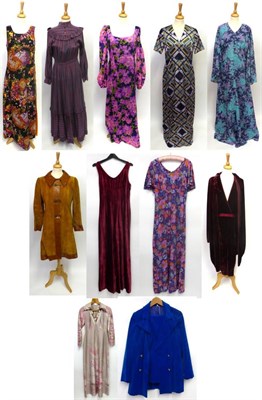 Lot 1019 - Circa 1970s and later costume including an electric blue velvet flared trouser suit with a...