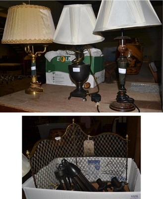 Lot 1029 - Three modern table lamps, one gilt metal mounted and decorated with acanthus leaves and...