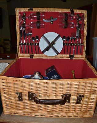 Lot 1033 - Picnic hamper, cleaver, pestle and mortar, truncheon, pewter measures etc