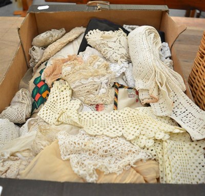 Lot 1034 - Assorted costume accessories and textiles including white linen, crochet and lace trims, lace...