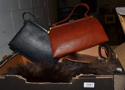 Lot 1041 - A Waldybag handbag in blue leather, two other handbags, a fox fur stole, a Macys sequin top, a...