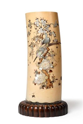 Lot 112 - A Japanese Shibayama Tusk Vase, by Masamitsu, Meiji period, typically decorated with birds...