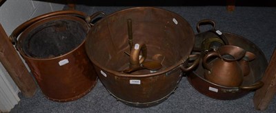 Lot 1068 - Two copper two-handled pans, two buckets, two measures and brass pans etc