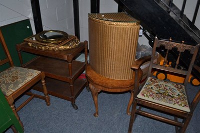 Lot 1081 - Trolley, oak chair, card table, Lloyd Loom box, mirror and four chairs