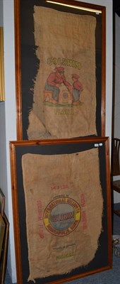 Lot 1088 - Two grain sacks, 'Goldrim Flour', both in glazed frames