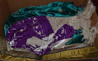 Lot 1108 - Chinese purple silk jacket with cream embroidery and tassel trims, two Chinese style green...