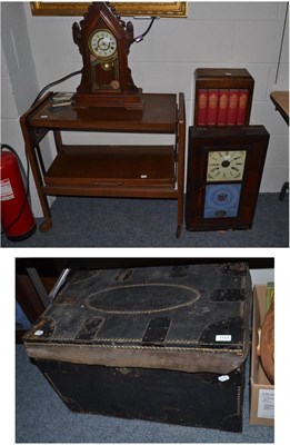 Lot 1113 - A brass studded trunk, an American shelf clock, a set of Charles Dickens works, a hostess...