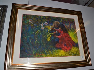 Lot 1205 - John Mackie (b.1955), Two girls picking flowers, signed, pastel