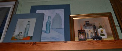 Lot 1230 - V Wyndham (20th/21st century) Still life of two bottles, initialled, oil on board, together...