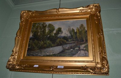 Lot 1281 - Sir Herbert Edwin Pelham Hughes-Stanton (1870-1937), Sheep and figure by a river, oil on...