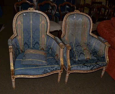 Lot 1289 - Pair of French fauteuil style armchairs with blue brocade upholstery and cushions