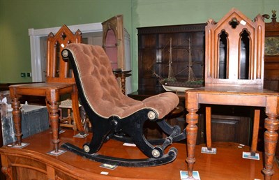 Lot 1320 - A pair of Victorian Gothic style hall chairs and a child's rocker