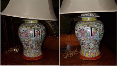 Lot 1340 - A pair of Canton style porcelain vase table lamps with shades