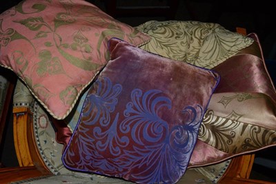 Lot 1363 - Six Charles and Patricia Lester cushions, in cut velvet and silk, two are 32cm square and remaining