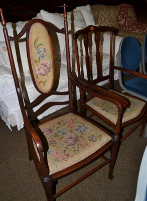 Lot 1366 - Two mahogany and inlaid Art Nouveau occasional open armchairs