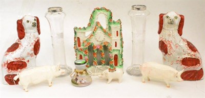 Lot 5 - Assorted ceramics and glass including a pair of Beswick pigs, silver mounted glass vases etc
