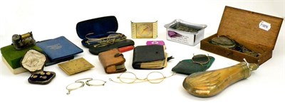 Lot 14 - A tray of collectors items, pair of wooden cased scales, power flask, spectacles, etc