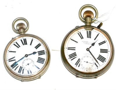 Lot 65 - One nickel plated Goliath pocket watch and another nickel plated pocket watch (2)