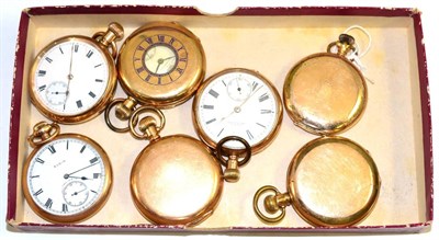 Lot 76 - Seven gold plated pocket watches, signed Elgin, Waltham, Thos Russell & Son