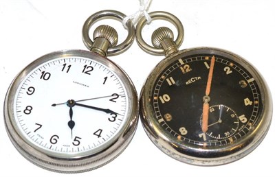 Lot 86 - Two military pocket watches, signed Longines and Recta - Longines watch with case back marked...