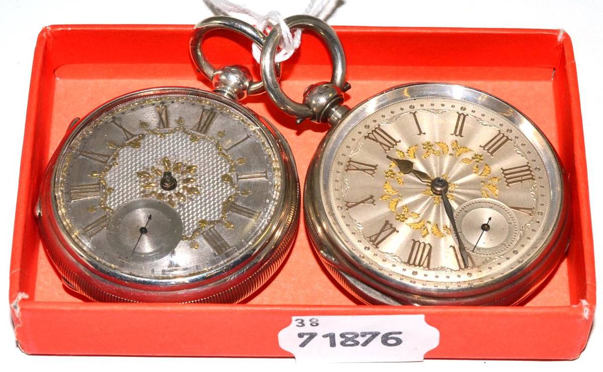 Lot 87 - Two silver open faced pocket watches, with engine turned silvered dials, Chester hallmarked...