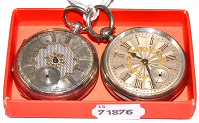 Lot 87 - Two silver open faced pocket watches, with engine turned silvered dials, Chester hallmarked...