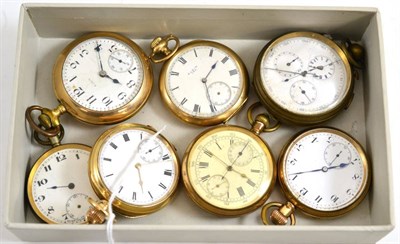 Lot 93 - Seven plated pocket watches, including a single push chronograph, two pocket watches signed...