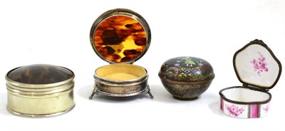 Lot 102 - An Asprey silver and tortoiseshell ring box, a similar plated example, a porcelain box and...