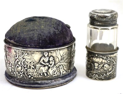 Lot 125 - Edwardian silver mounted pin cushion jewellery box and an Edwardian silver mounted glass jar