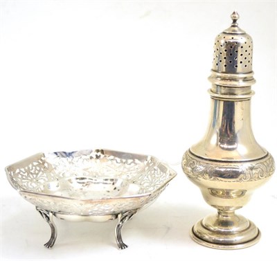 Lot 132 - A sugar sifter stamped sterling and a pierced silver dish (2)