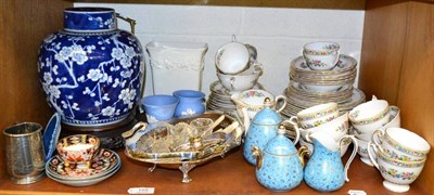 Lot 155 - A shelf including Foley china dinner and tea wares, Wedgwood vases, blue and white ginger jar etc