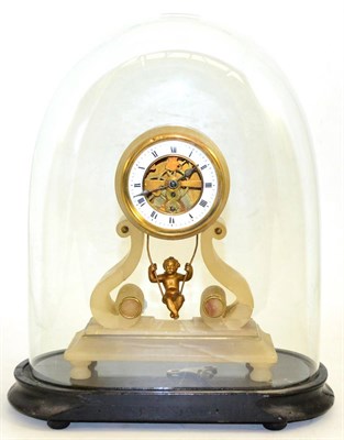 Lot 168 - An onyx mantel timepiece, cherub swinging pendulum