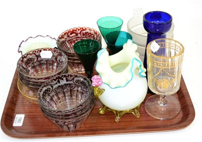 Lot 180 - Ruby glass dishes, vaseline glass, blue glass hyacinth vase and green glasses, etc