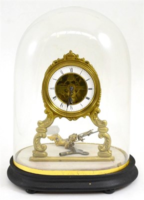 Lot 186 - A gilt metal mantel timepiece, cherub swinging pendulum, beneath glass dome