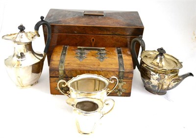 Lot 199 - A 19th century mahogany tea caddy, walnut jewellery box with brass mounts and a four piece...