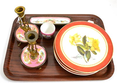 Lot 206 - Six Continental porcelain dessert plates and a Continental dressing table set