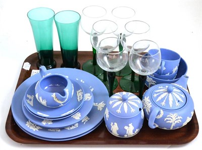 Lot 213 - Wedgwood tea service, six green glazed plates, Stuart glassware, Shelley moulds etc