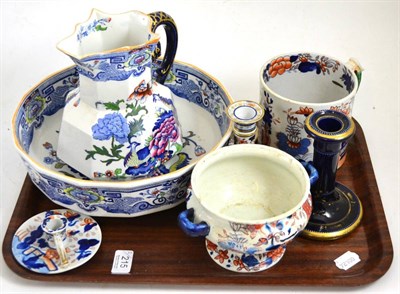 Lot 215 - Masons ironstone china, including jugs, chamber candlesticks, mug, etc (on two trays)